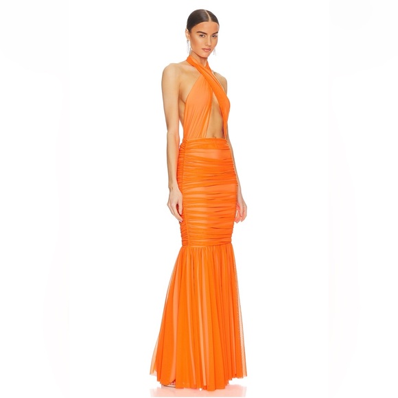 Crosshalter Fishtail Gown in Neon Orange - Picture 3 of 4